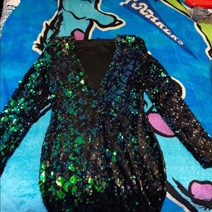 Green, blue and black sequence V neck dress